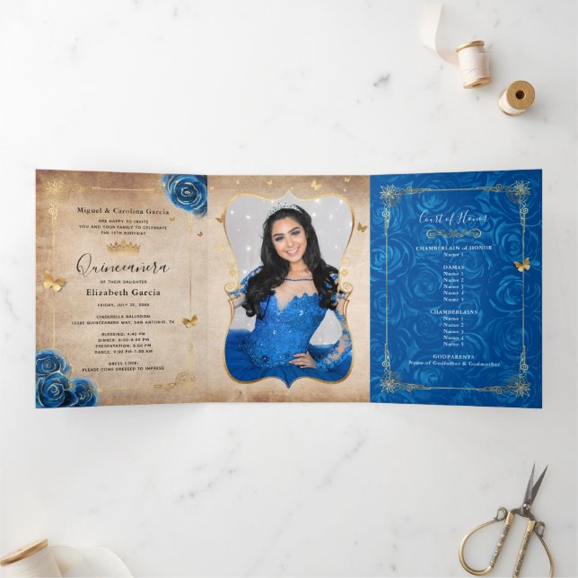 Foto Royal Blue Rose Gold Quinceanera Dreifach Gefaltete Einladung (Innenseite)