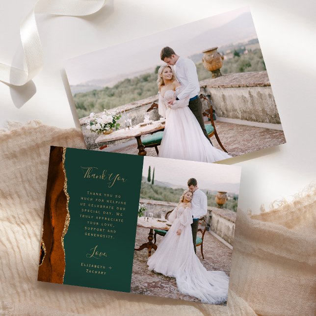 Foto Rust Agate Green Gold Script Hochzeit Dankeskarte (Von Creator hochgeladen)