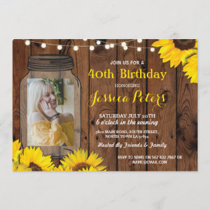 Foto Rustic Jar Geburtstagsparty Wood Sunflower Einladung