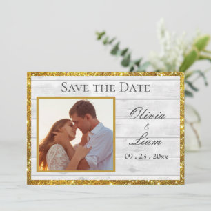 Foto Rustic White Wood Grain Gold Glitzer Save The Date