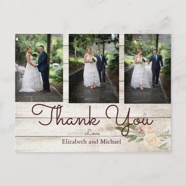 Foto Rustic Wood Floral Wedding Vielen Dank Postkarte (Vorderseite)
