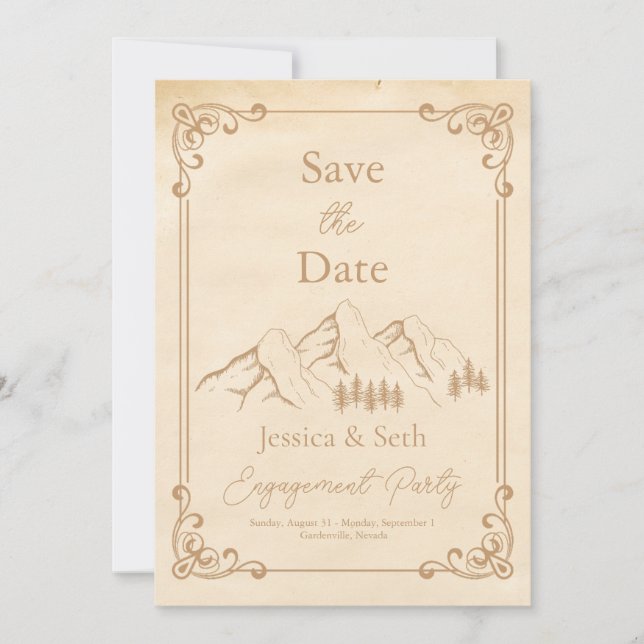 Foto Rustic Woods Mountain Sketch Verlobung Save The Date (Vorderseite)