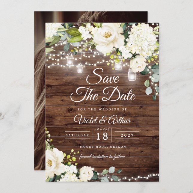 Foto Rustikale String-Lichter Hochzeit speichern d Einladung (Vorne/Hinten)