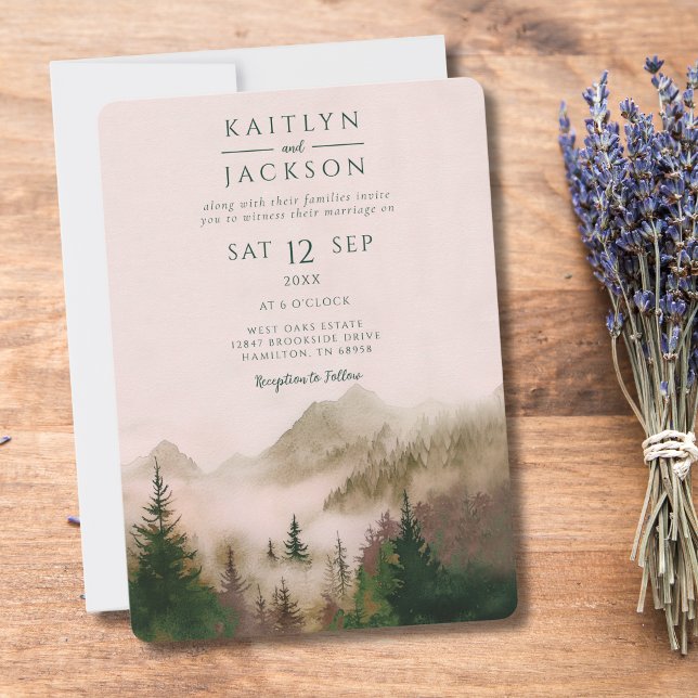 Foto Rustikale Wasserfarbe Berghochzeit Einladung (Photo Rustic Watercolor Mountain Wedding Invitation)