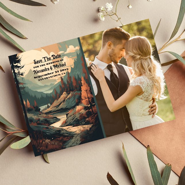 Foto Rustikaler Bergwald Evergreen Wedding Save The Date (Von Creator hochgeladen)