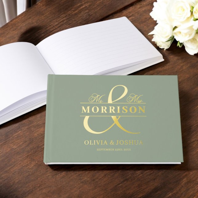 Foto Sage Green Modern Wedding Gold Gästebuch (Von Creator hochgeladen)