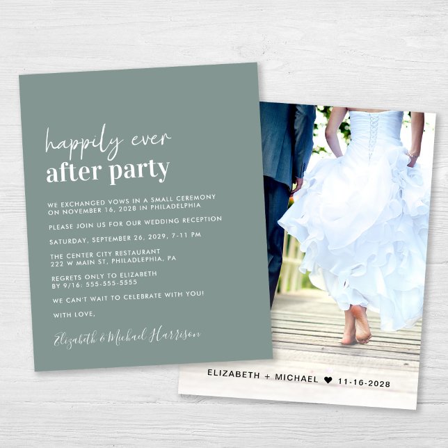 Foto Sage Green Wedding Einladung (An chic Happily Ever After Party photo invitation for your wedding celebration)