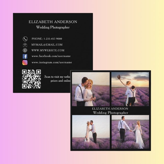 Foto sammelt Schwarz-weiße QR-Sozialmedienprämie Quadratische Visitenkarte (Von Creator hochgeladen)