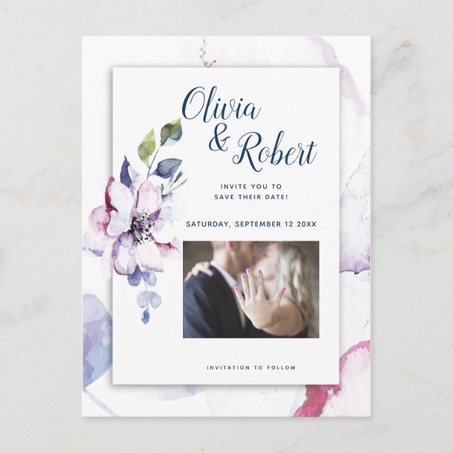 Foto Save the Date Aquarellblüten Postkarte (Vorderseite)