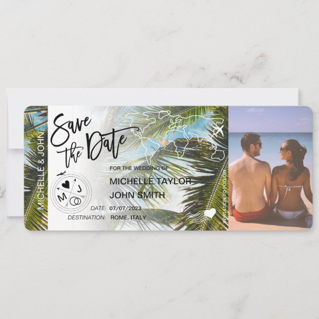 Foto Save the Date Boarding Pass Palm Einladung (Vorderseite)