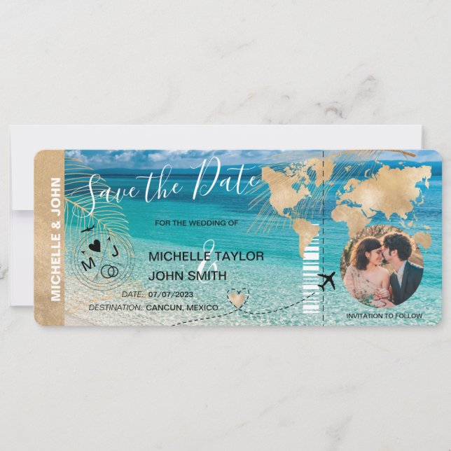 Foto Save the Date Boarding Pass World Map Beach Einladung (Vorderseite)