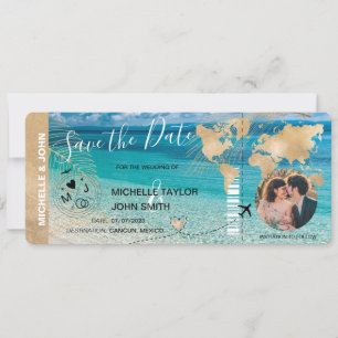 Foto Save the Date Boarding Pass World Map Beach Einladung