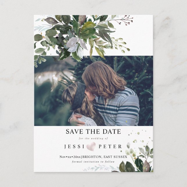 Foto Save the Date, Boho Blue Gum Eucalyptus Ankündigungspostkarte (Vorderseite)