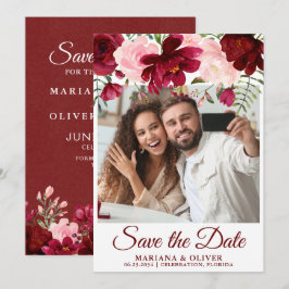Foto Save the Date Card Burgundy Pink Floral Einladung