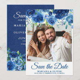 Foto Save the Date Card Navy Blue Floral Einladung