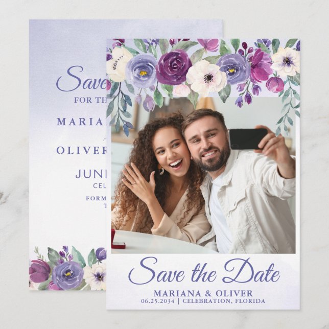 Foto Save the Date Card Periwinkle Fuchsia Floral Einladung (Vorne/Hinten)