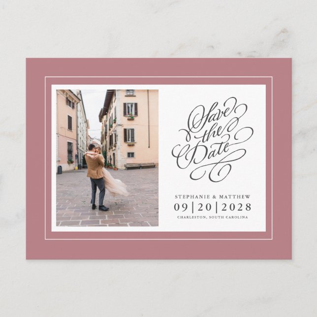 Foto Save the Date Dusty Rose Elegante Hochzeit Ankündigungspostkarte (Vorderseite)