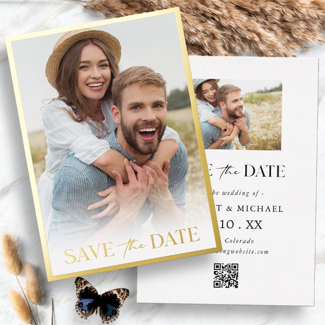 Foto Save the Date einfach Folieneinladung (Photo Simple Modern Gold Frame Save The Date Foil Invitation QR Code by Painted Paperie
)
