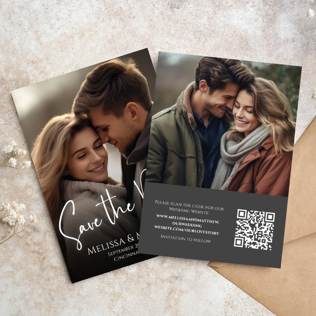 Foto Save the Date Elegant Classy Calligraphy (Wedding save the date photo card with QR code and a two photo template. )