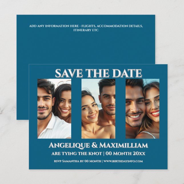 Foto Save the Date elegant, modern 3 pisk blau Postkarte (Vorne/Hinten)