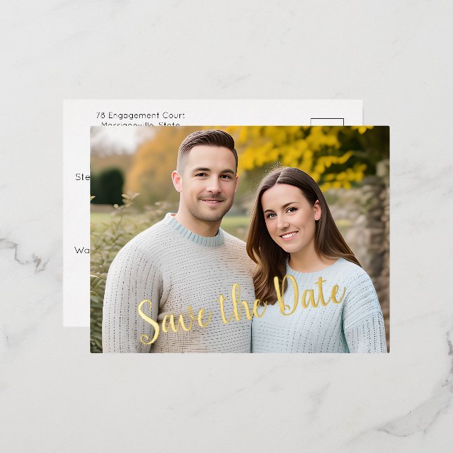Foto "Save the Date" Foil Text Postkarte (Vorderseite/Rückseite)