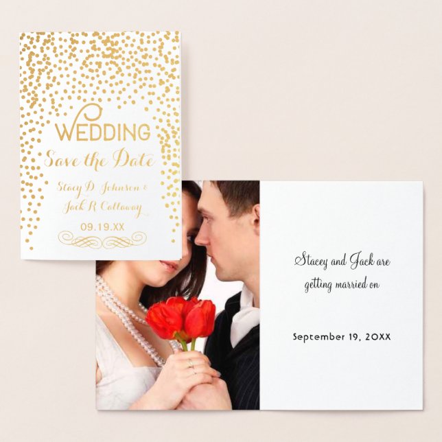 Foto Save the Date Gold Confetti Typografie Folienkarte (Anzeige)