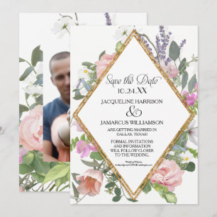 Foto Save the Date Gold Glitter Romantisch Floral Einladung