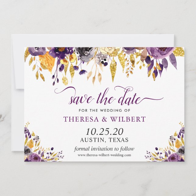 Foto Save the Date Gold Lila Blumenschrift (Vorderseite)