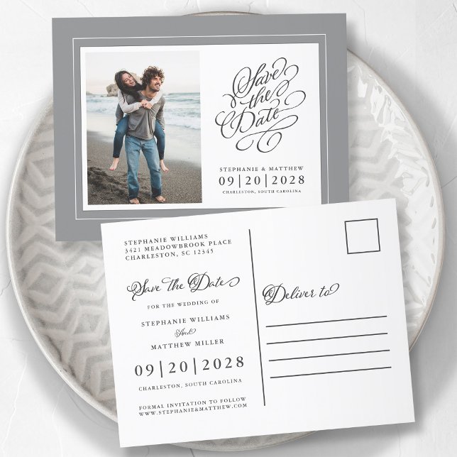 Foto Save the Date Graue und weiße Hochzeit Ankündigungspostkarte (Von Creator hochgeladen)