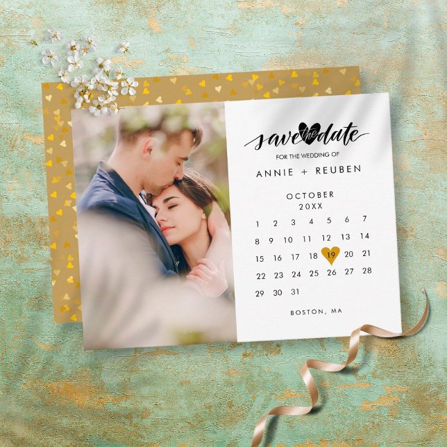 Foto Save the Date Kalender Chic Gold Herz Postkarte (Von Creator hochgeladen)
