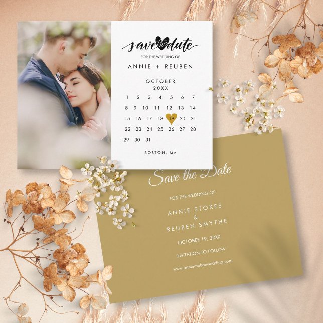 Foto Save the Date Kalender Hochzeit Gold Herz Postkarte (Photo Save the Date Calendar Wedding Gold Heart Postcard)