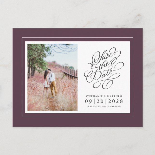 Foto Save the Date Lila Chic Elegante Hochzeit Ankündigungspostkarte (Vorderseite)