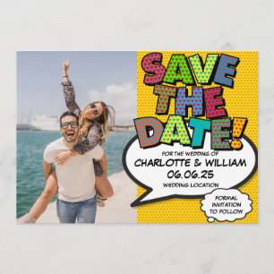Foto-Save-the-Date Lustiges Retro-Comic- Pop-Art-M Einladung