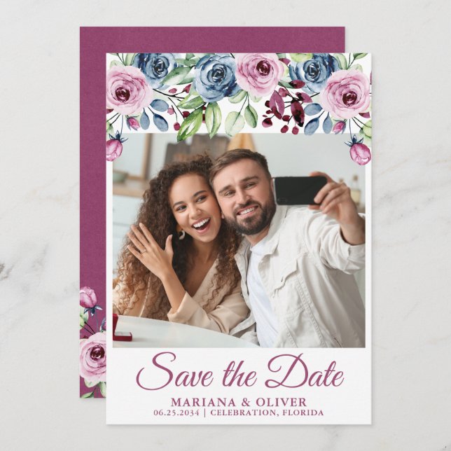 Foto Save the Date Navy Blue Burgundy Floral Einladung (Vorne/Hinten)