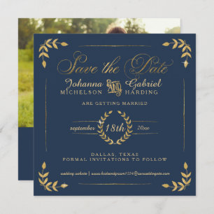Foto Save the Date, Navy Gold Laurel Leaf Save The Date