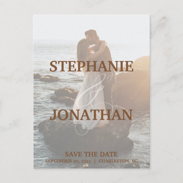 Foto Save the Date Postkarten mit großen Namen (Vorderseite)