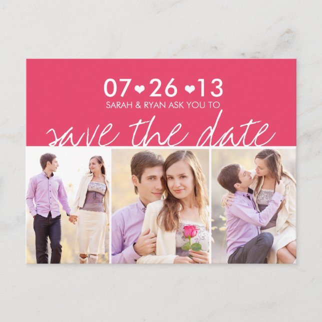 Foto Save the Date rosa Stripe Hearts Postkarte