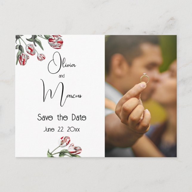 Foto Save the Date Rot und Weiße Tulpen Postkarte (Vorderseite)