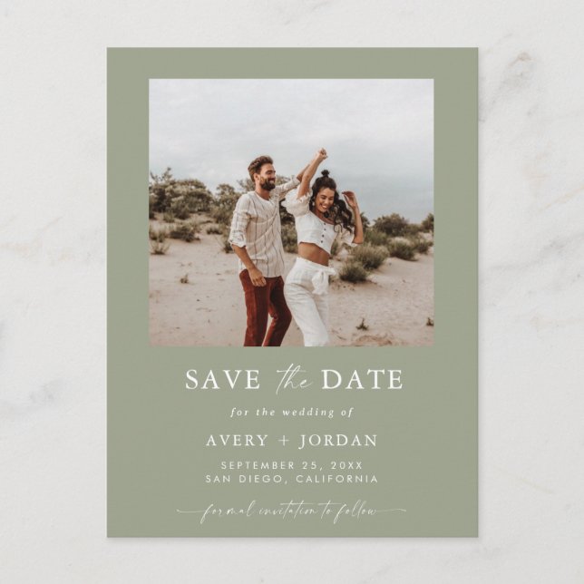 Foto Save the Date, Sage Green Boho Save the Date Postkarte (Vorderseite)