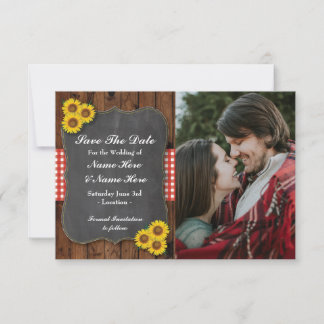Foto Save the Date Sonnenblumen Rote Chalk Holzkar