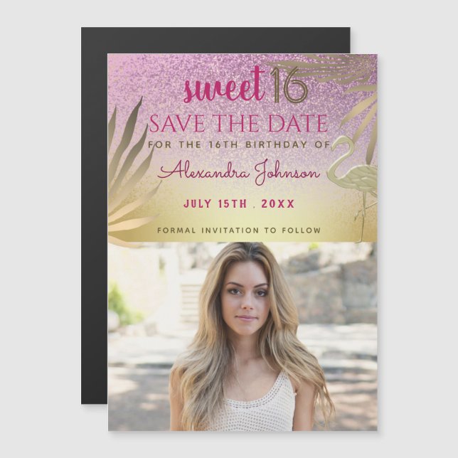 Foto Save the Date Sweet 16 Pink Gold Magneteinladung (Vorne/Hinten)