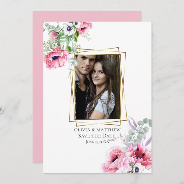 FOTO SAVE THE DATE | Wasserfarbe Rosa Mohn Einladung (Vorne/Hinten)