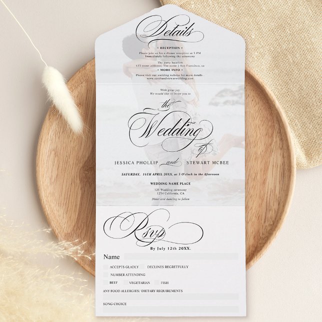 Foto schick schlichte, elegante Kalligraphie Hochz All In One Einladung (Photo chic simple elegant calligraphy wedding all in one invitation)