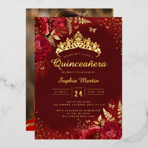 Foto Schmetterling Rot Gold Floral Quinceanera  Folieneinladung