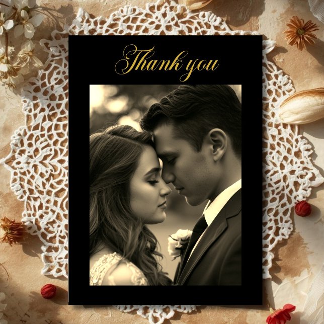  Foto Schwarz Gold  Dankeskarte (Vintage Film Look Photo overlay Black Gold Thank You Card)