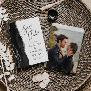 Foto Schwarz Silber Achat Save-the-Date-Einladung Einladung