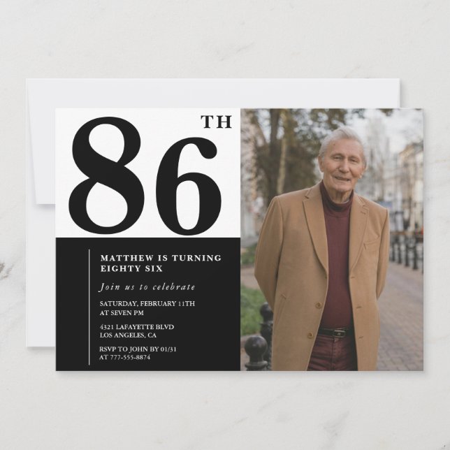 Foto Schwarz und Weiß 86. Geburtstag Einladung (Vorderseite)