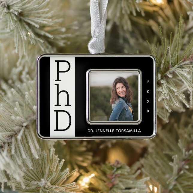 Foto Schwarz-weiß PhD Abschluss Weihnachtsnamen Rahmen-Ornament Silber (Baum)