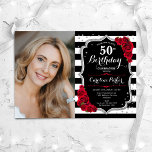 Foto Schwarz-weiß Stripes Red Silver 50. Geburtsta Einladung<br><div class="desc">Elegante florale feminine 50. Geburtstagseinladung mit Ihrem Foto. Glam Schwarz-weiß rotes Design mit Imitaten Glitzer Silber. Enthält schwarz-weiße Streifen,  rote Rosen,  Skript-Schriftart und Konfetti. Ideal für ein stilvolles Party für Erwachsene. Personalisieren Sie Ihre persönlichen Daten. Kann für jedes Alter angepasst werden! Gedruckte Zazzle Einladungen oder Sofortdownload digitalen druckbaren Vorlage.</div>