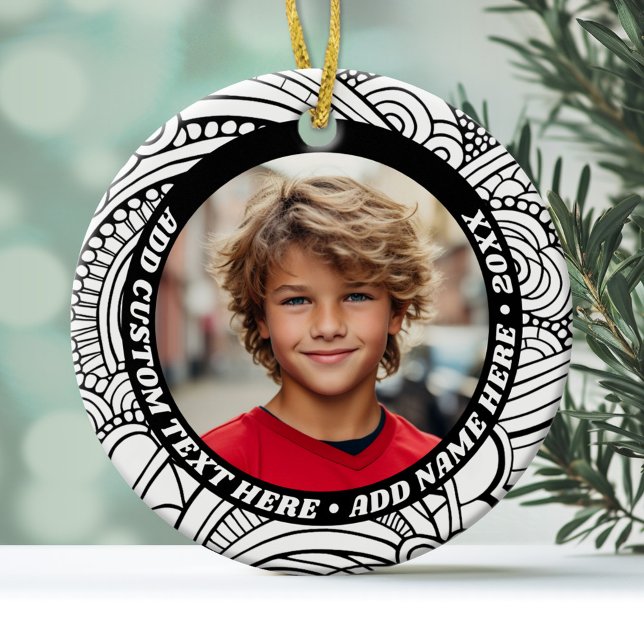 Foto - Schwarz-weiße Abstrakte Grenze - Retro-Text Keramik Ornament (Personalized Photo Ornament)